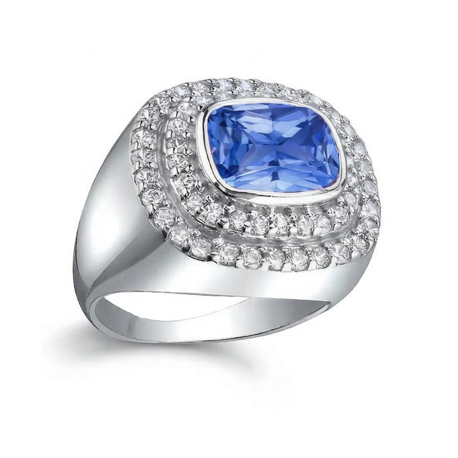 Double Halo Men's Ring Bezel Set Cushion Natural Blue Sapphire 4.50 Ct