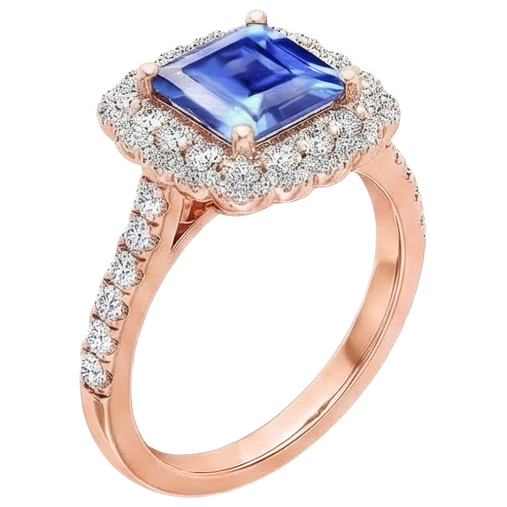 Double Halo Natural Earth Mined Diamond Engagement Ring 5 Carats Asscher Ceylon Sapphire