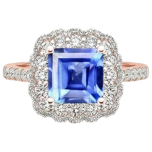 Double Halo Natural Earth Mined Diamond Engagement Ring 5 Carats Asscher Ceylon Sapphire