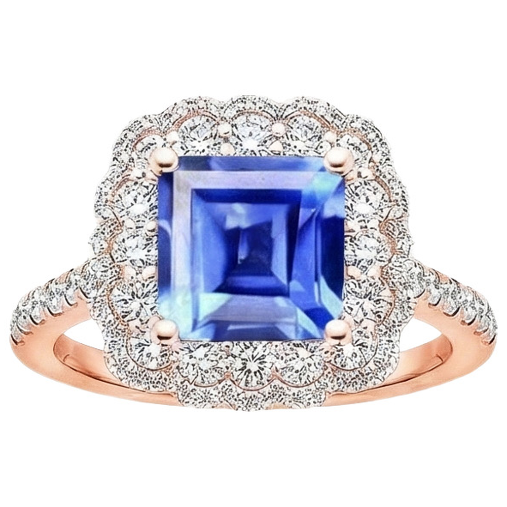 Double Halo Natural Earth Mined Diamond Engagement Ring 5 Carats Asscher Ceylon Sapphire