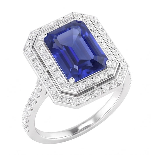 Double Halo Natural Earth Mined Diamond Engagement Ring Emerald Sapphire 3.50 Carats