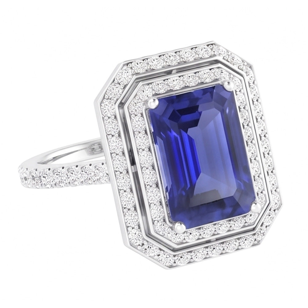 Double Halo Natural Earth Mined Diamond Engagement Ring Emerald Sapphire 3.50 Carats