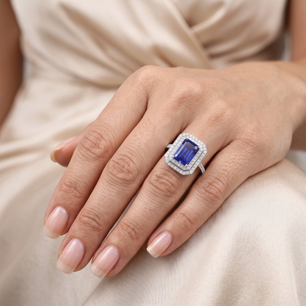 Double Halo Natural Earth Mined Diamond Engagement Ring Emerald Sapphire 3.50 Carats