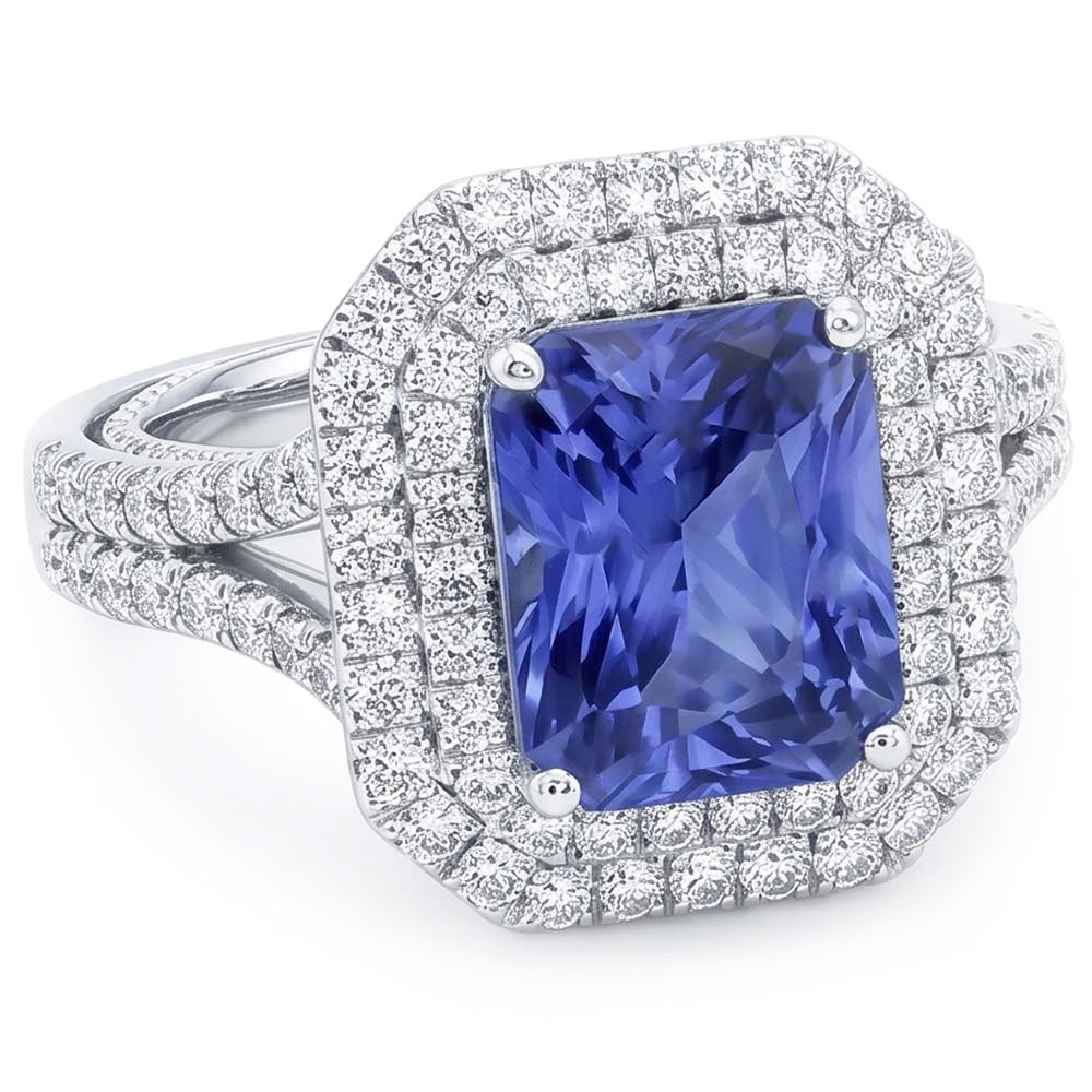 Double Halo Natural Earth Mined Diamond Gold Sapphire Engagement Ring Split Shank 4 Carats