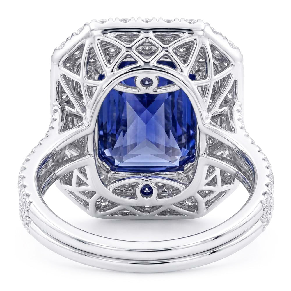 Double Halo Natural Earth Mined Diamond Gold Sapphire Engagement Ring Split Shank 4 Carats