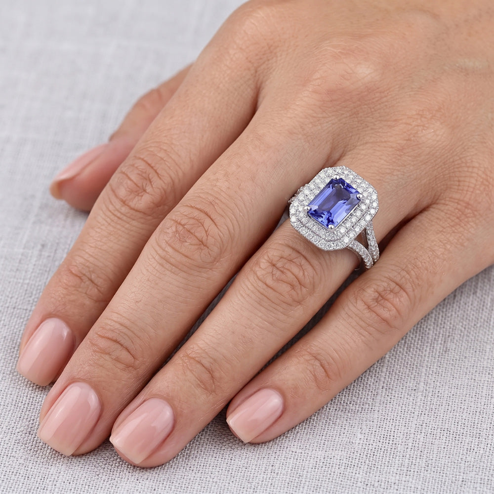 Double Halo Natural Earth Mined Diamond Gold Sapphire Engagement Ring Split Shank 4 Carats