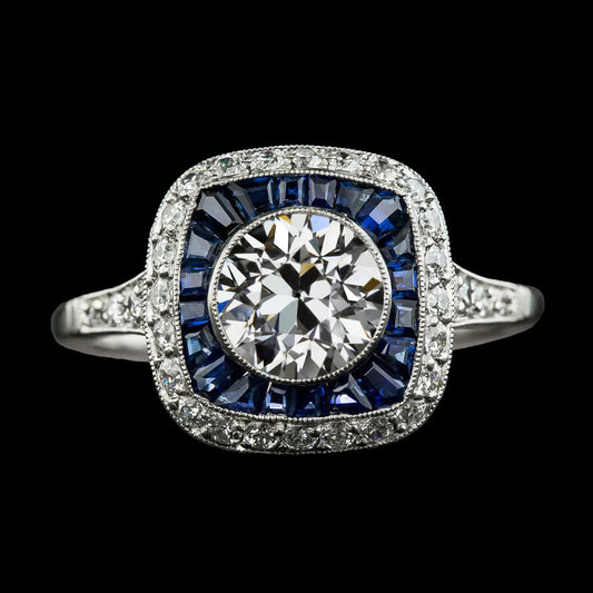 Double Halo Old Cut Natural Diamond & Trapezoid Sapphires Ring 4.50 Carats