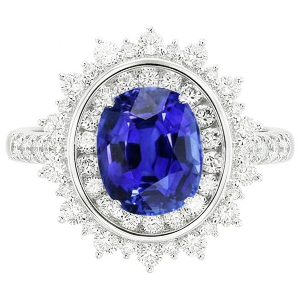 Double Halo Oval Blue Sapphire Ring Bezel Set 4 Carats Star Style