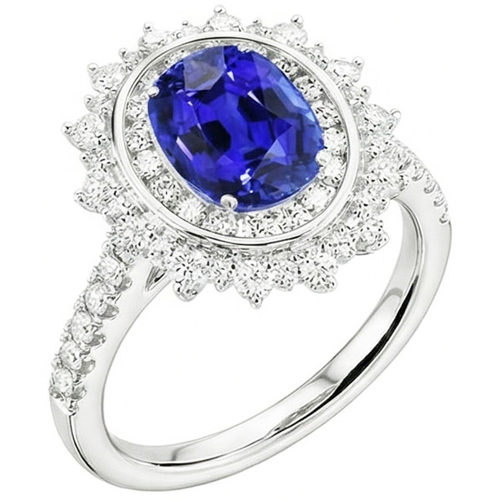 Double Halo Oval Blue Sapphire Ring Bezel Set 4 Carats Star Style