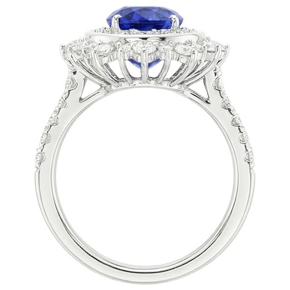 Double Halo Oval Blue Sapphire Ring Bezel Set 4 Carats Star Style