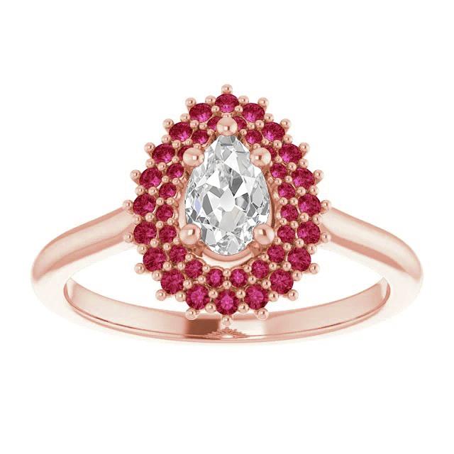 Double Halo Pear Old Miner Genuine Natural Earth Mined Diamond Ring Round Rubies 3.50 Carats