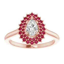 Double Halo Pear Old Miner Genuine Diamond Ring Round Rubies 3.50 Carats