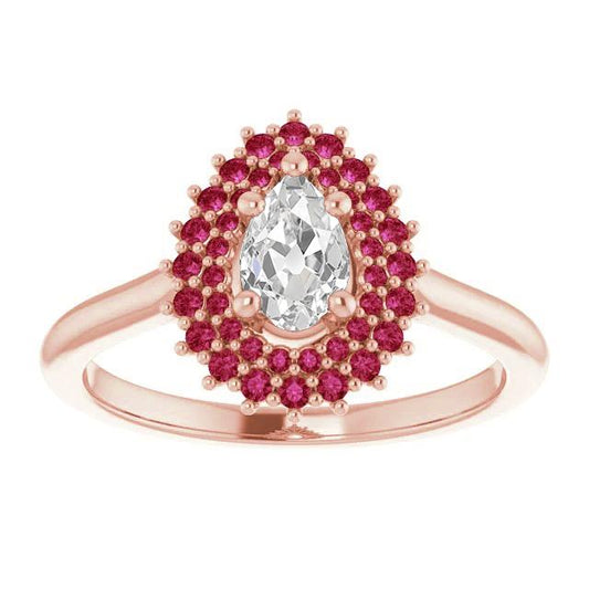 Double Halo Pear Old Miner Genuine Diamond Ring Round Rubies 3.50 Carats