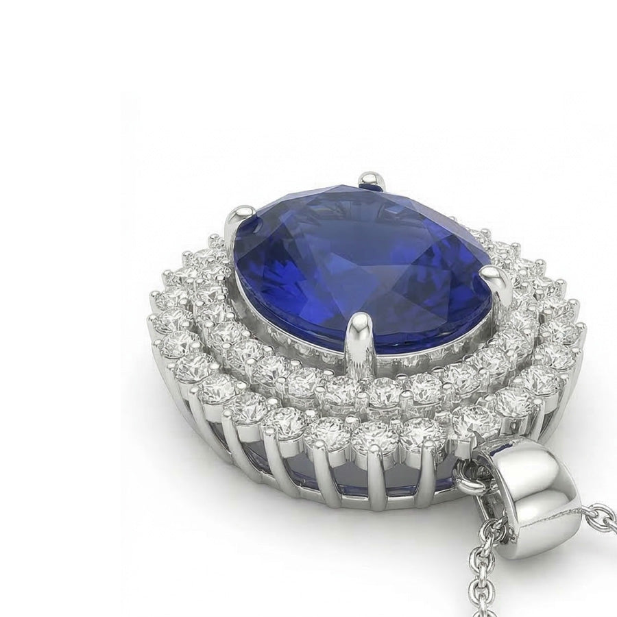 Blue Sapphire Oval Gemstone Pendant in 14 Karat White Gold – angle view