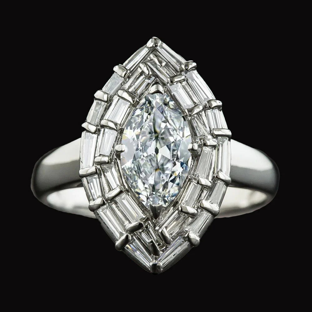 Double Halo Ring Baguette & Marquise Old Miner Real Diamond 5.50 Carats