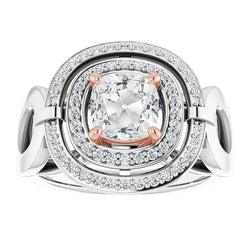 Double Halo Ring Cushion Old Mine Cut Natural Diamond Split Shank 8 Carats