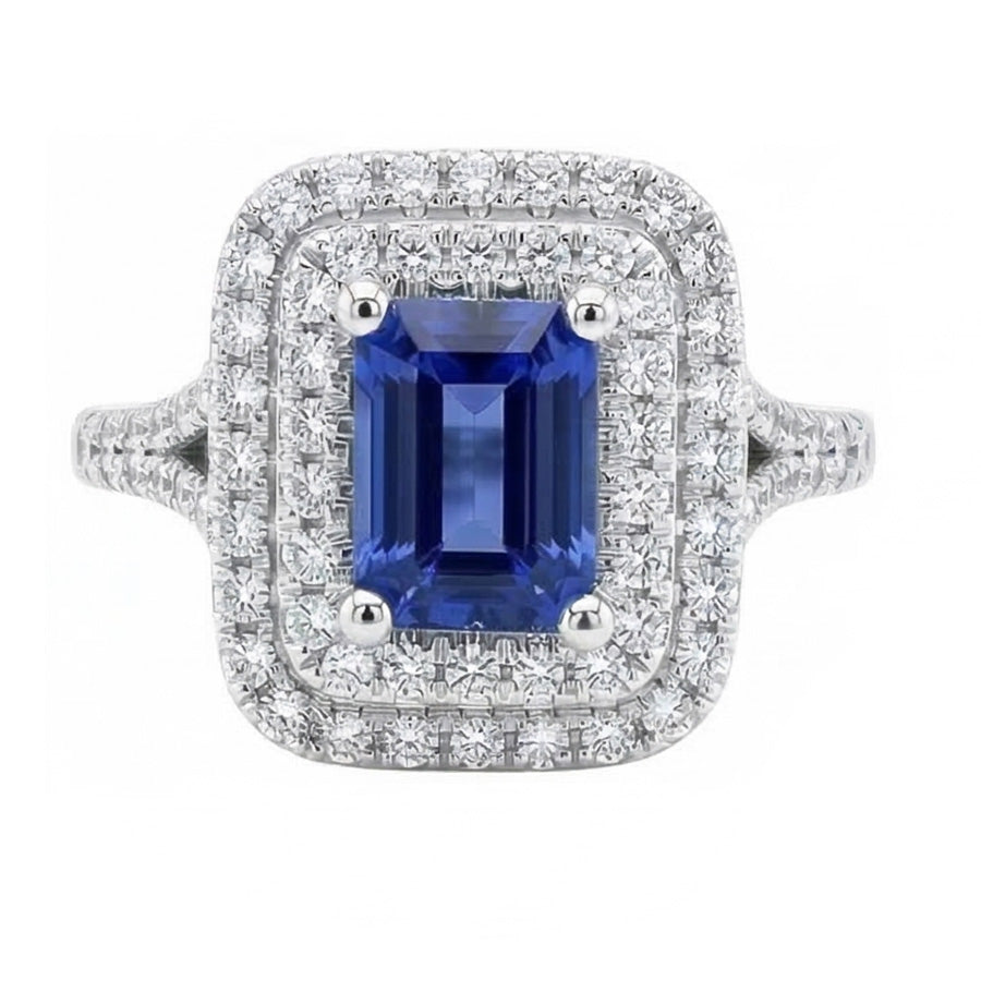 Double Halo Ring Emerald Shaped Natural Blue Sapphire 4 Carats
