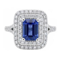 Double Halo Ring Emerald Shaped Natural Blue Sapphire 4 Carats