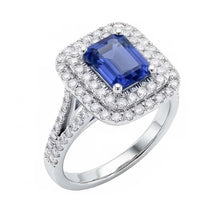 Double Halo Ring Emerald Shaped Natural Blue Sapphire 4 Carats
