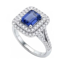 Double Halo Ring Emerald Shaped Natural Blue Sapphire 4 Carats