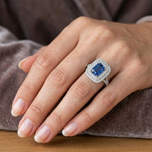 Double Halo Ring Emerald Shaped Natural Blue Sapphire 4 Carats