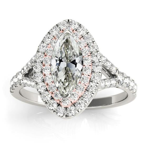 Double Halo Ring Natural Marquise Old Cut Diamond Split Shank 6 Carats