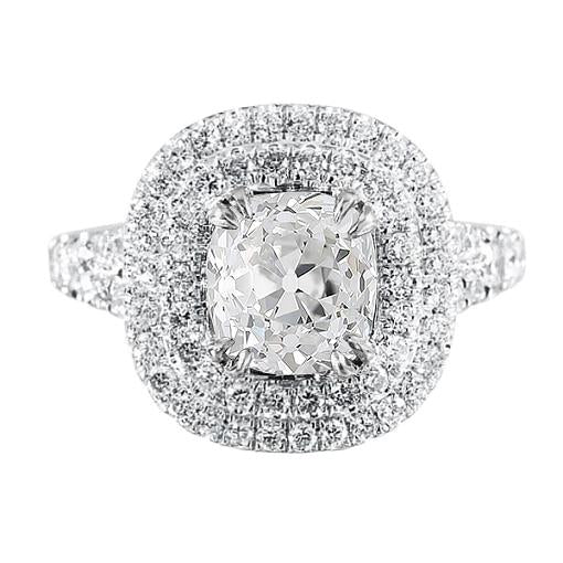 Double Halo Ring Old Cut Natural Cushion Diamond Pave Set 5.50 Carats