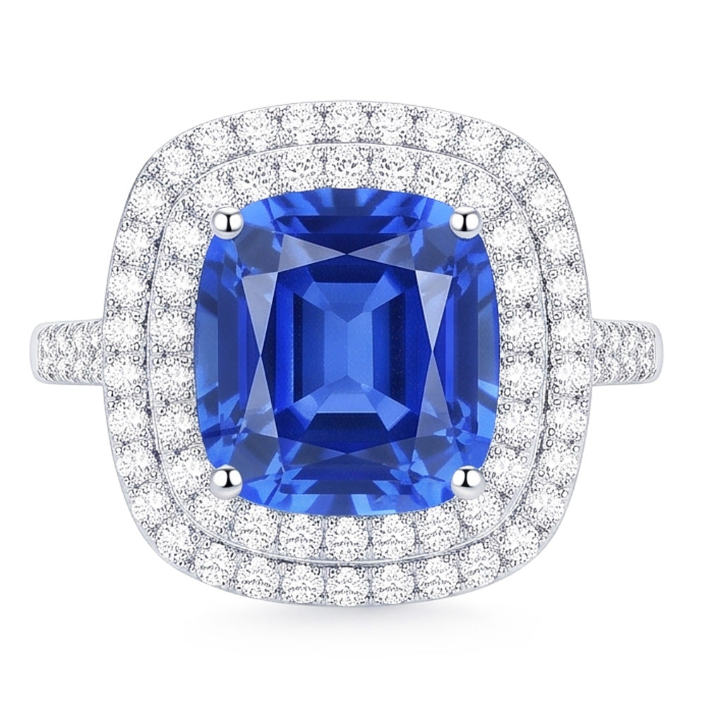 Double Halo Ring Oval Ceylon Sapphire 4 Carats Natural Earth Mined Diamond Split Shank