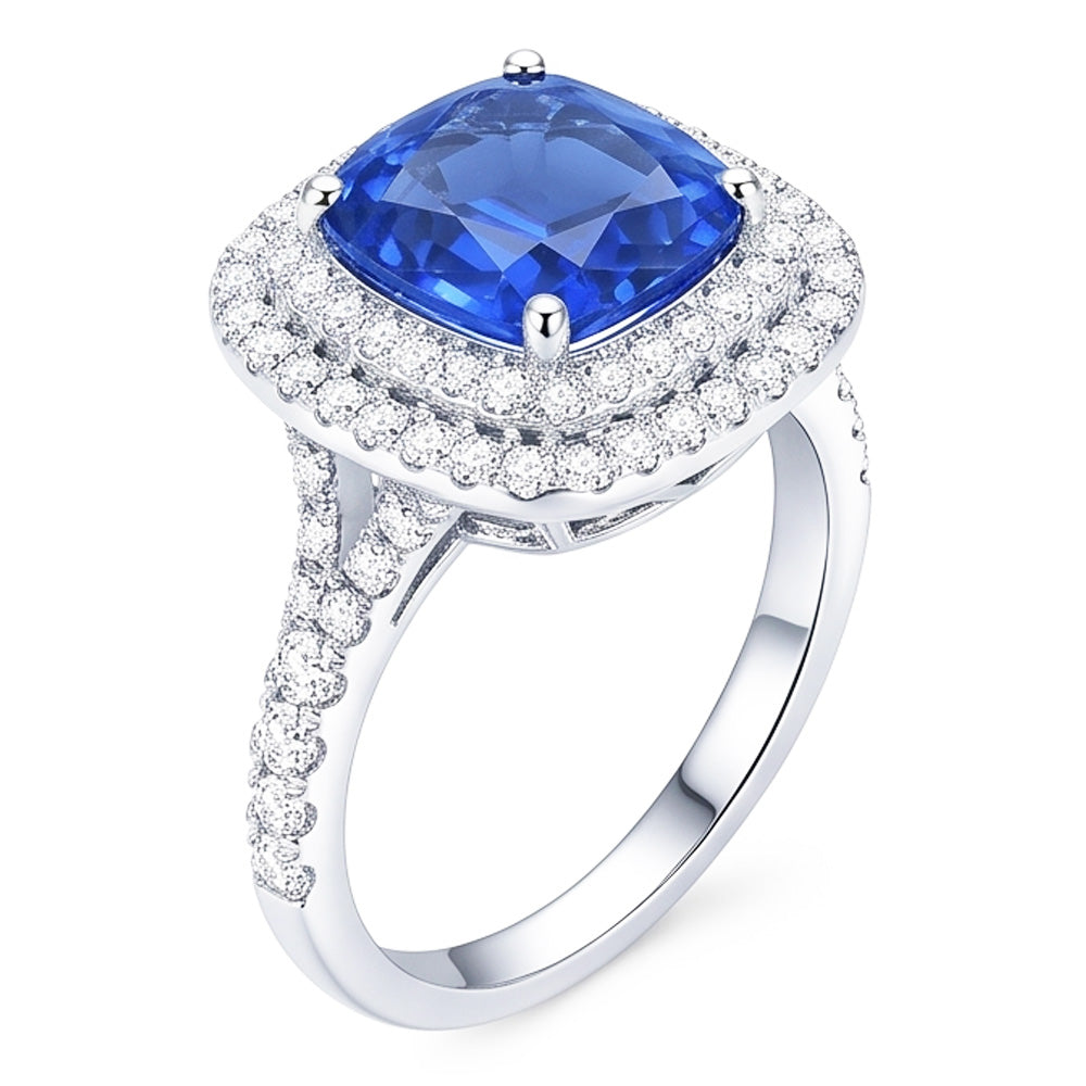 Double Halo Ring Oval Ceylon Sapphire 4 Carats Natural Earth Mined Diamond Split Shank
