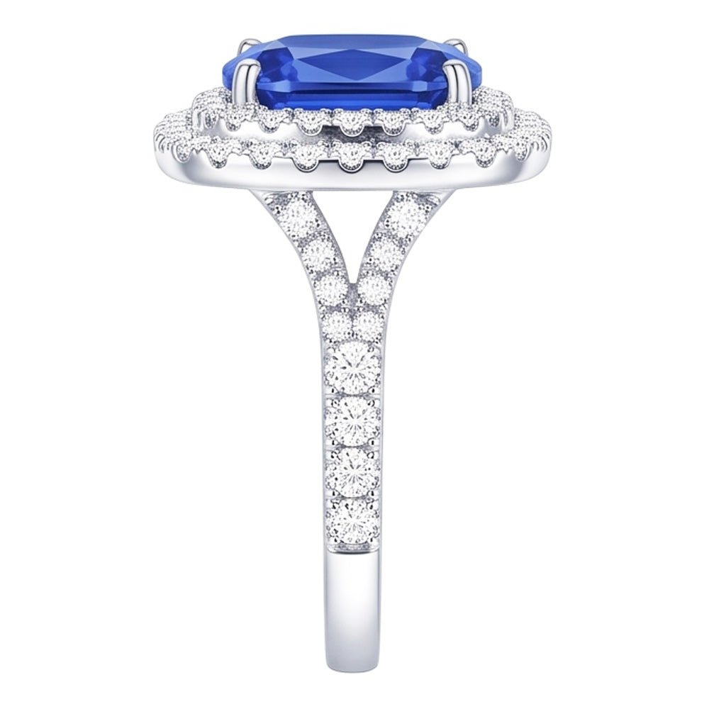 Double Halo Ring Oval Ceylon Sapphire 4 Carats Natural Earth Mined Diamond Split Shank
