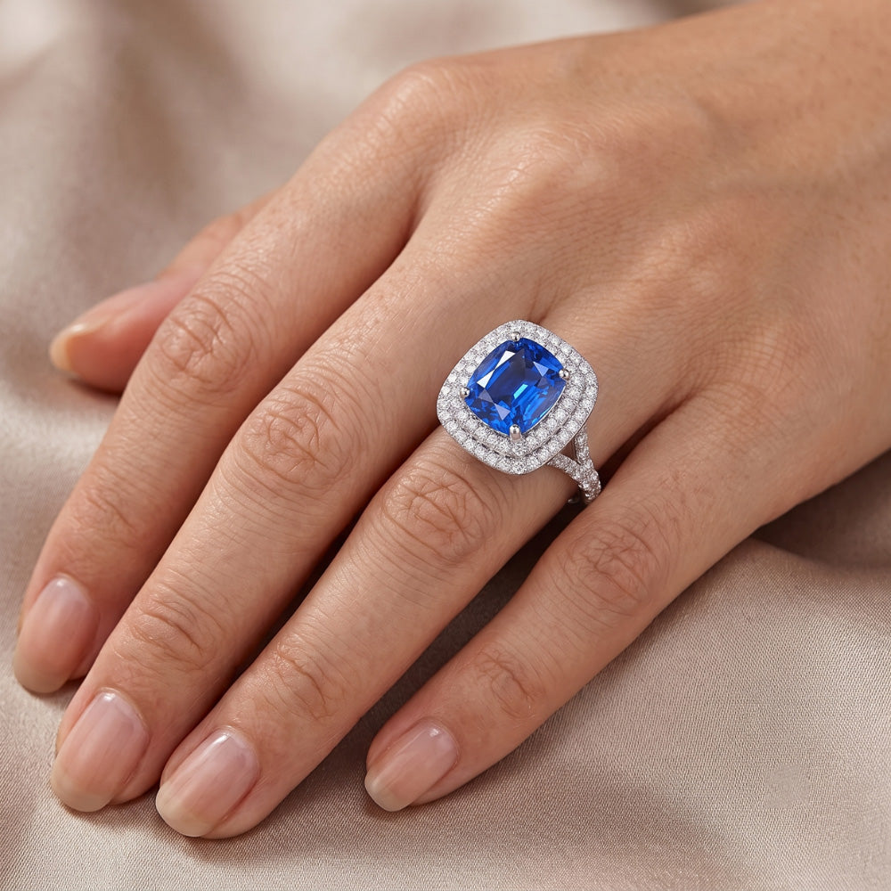 Double Halo Ring Oval Ceylon Sapphire 4 Carats Natural Earth Mined Diamond Split Shank