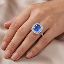 Double Halo Ring Oval Ceylon Sapphire 4 Carats Natural Earth Mined Diamond Split Shank