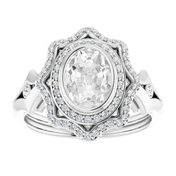 Double Halo Ring Oval Old Cut Real Diamond Star Style Bezel Set 7.50 Carats