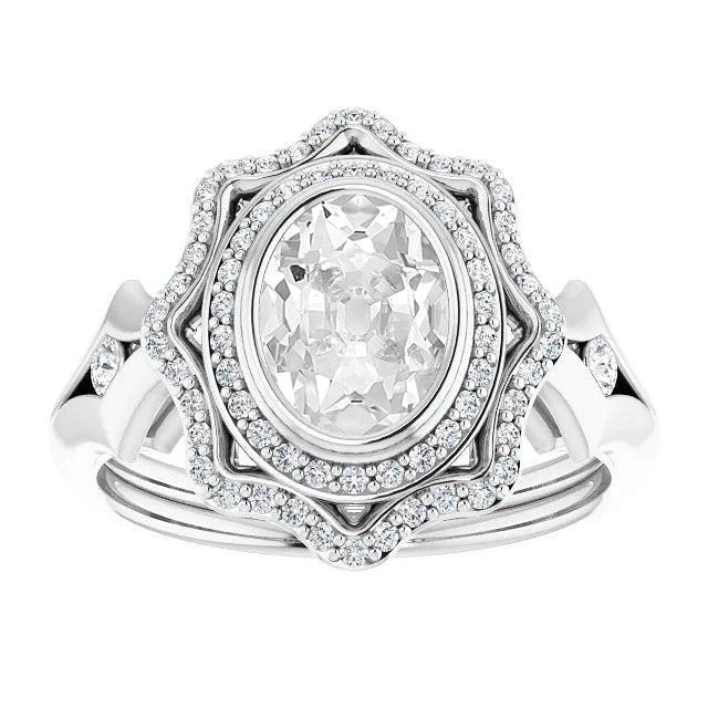 Double Halo Ring Oval Old Cut Real Diamond Star Style Bezel Set 7.50 Carats