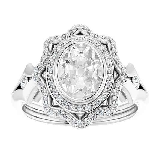 Double Halo Ring Oval Old Cut Real Diamond Star Style Bezel Set 7.50 Carats