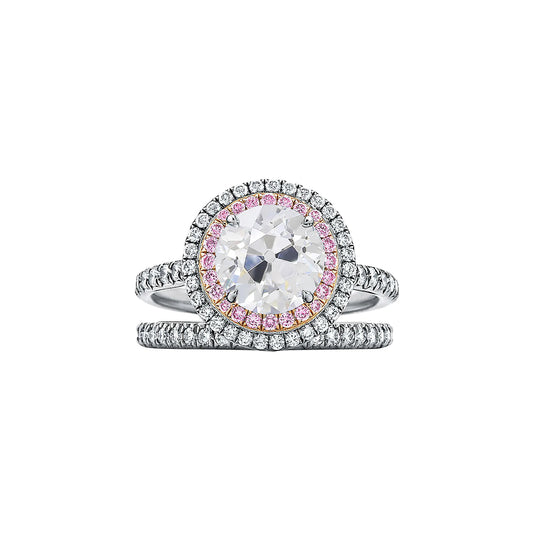 Double Halo Ring Set Old Cut Round Natural Diamond & Pink Sapphire 4.50 Carats