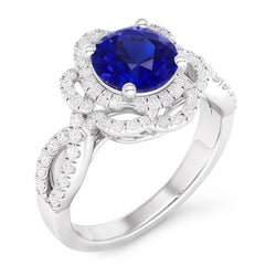 Double Halo Round Blue Sapphire Ring Flower Style 5 Carats Split Shank