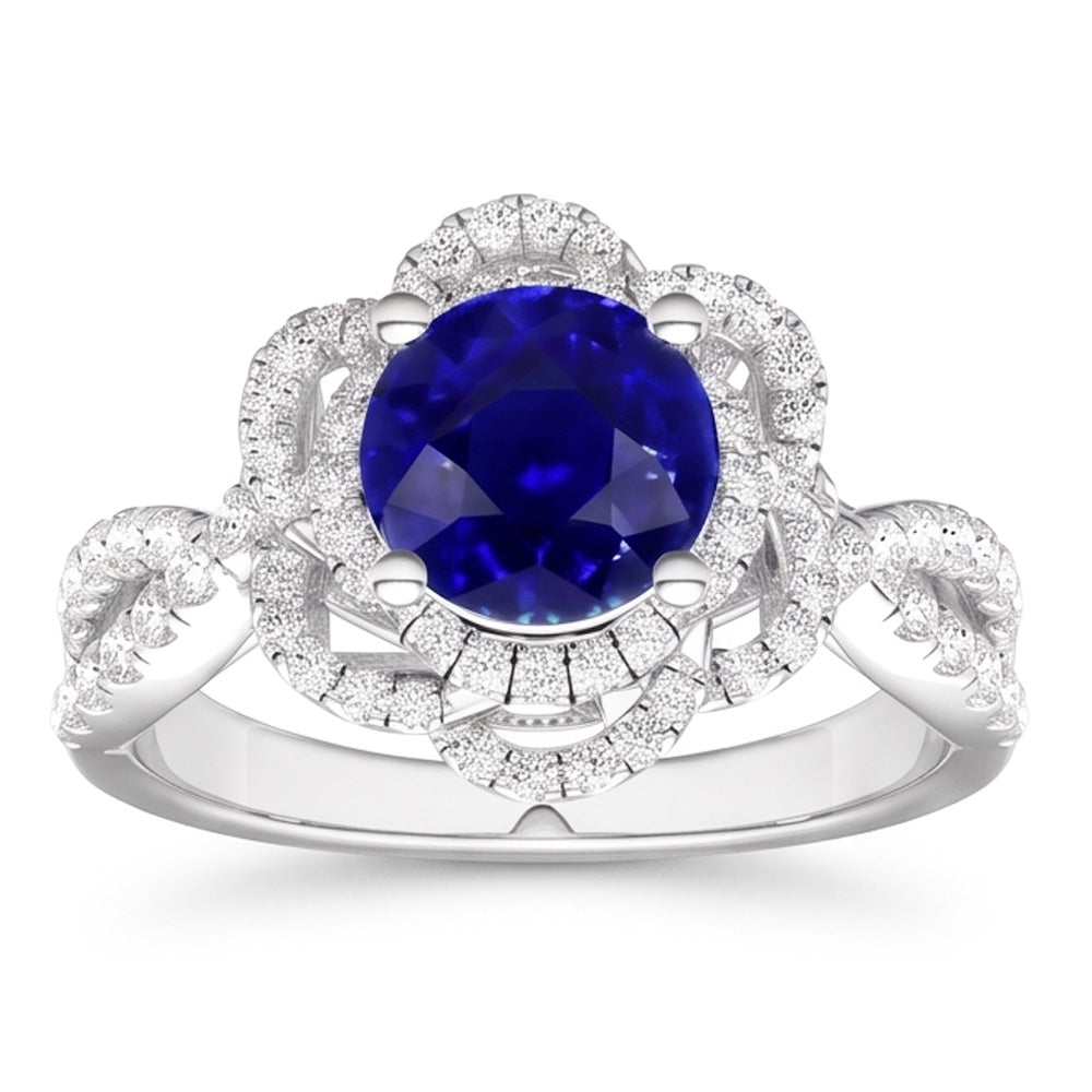 Double Halo Round Blue Sapphire Ring Flower Style 5 Carats Split Shank