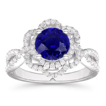 Double Halo Round Blue Sapphire Ring Flower Style 5 Carats Split Shank