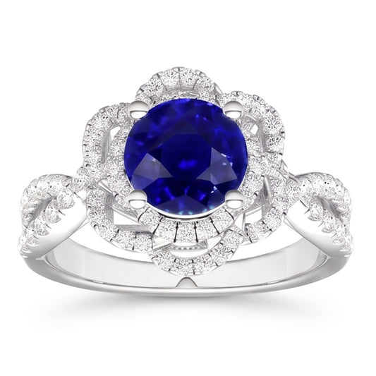 Double Halo Round Blue Sapphire Ring Flower Style 5 Carats Split Shank