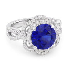 Double Halo Round Blue Sapphire Ring Flower Style 5 Carats Split Shank