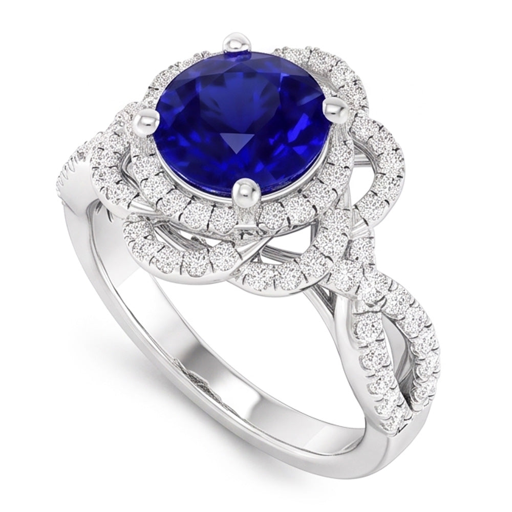 Double Halo Round Blue Sapphire Ring Flower Style 5 Carats Split Shank