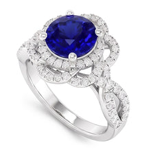 Double Halo Round Blue Sapphire Ring Flower Style 5 Carats Split Shank