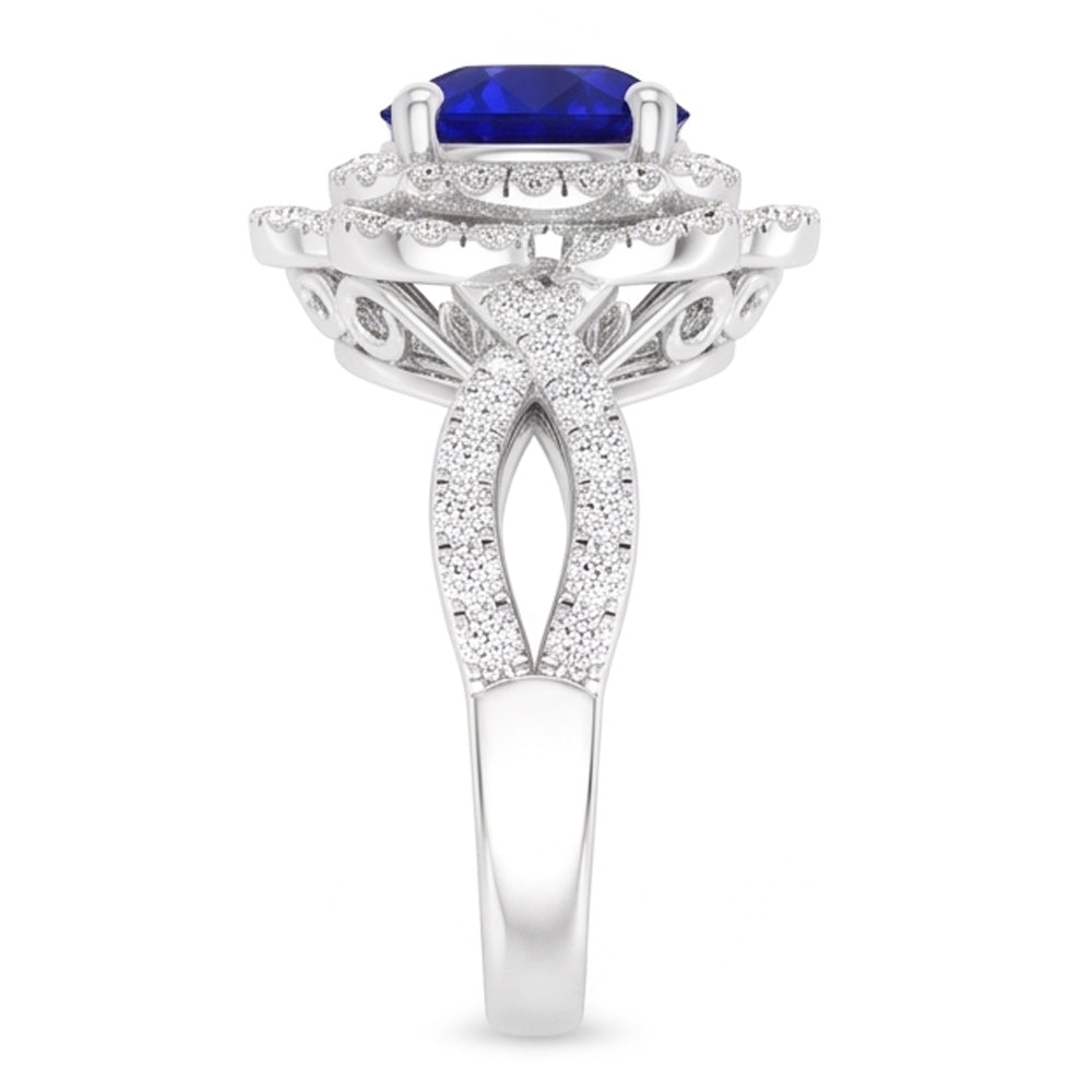 Double Halo Round Blue Sapphire Ring Flower Style 5 Carats Split Shank