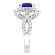 Double Halo Round Blue Sapphire Ring Flower Style 5 Carats Split Shank