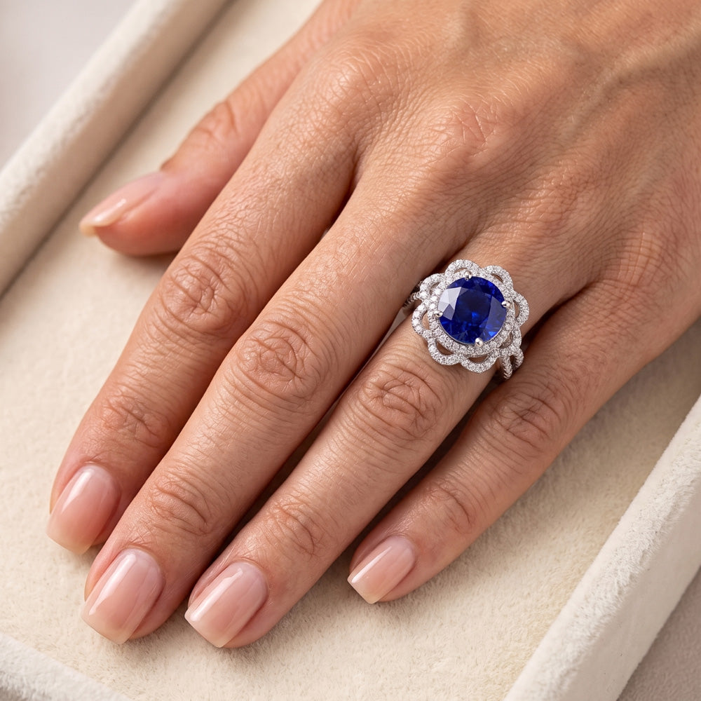Double Halo Round Blue Sapphire Ring Flower Style 5 Carats Split Shank