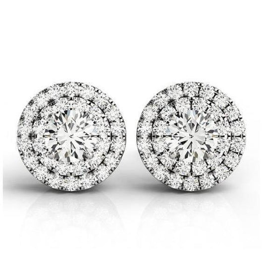 Double Halo Round Genuine Diamond Lady Stud Earrings 2.10 Carats Gold 14K