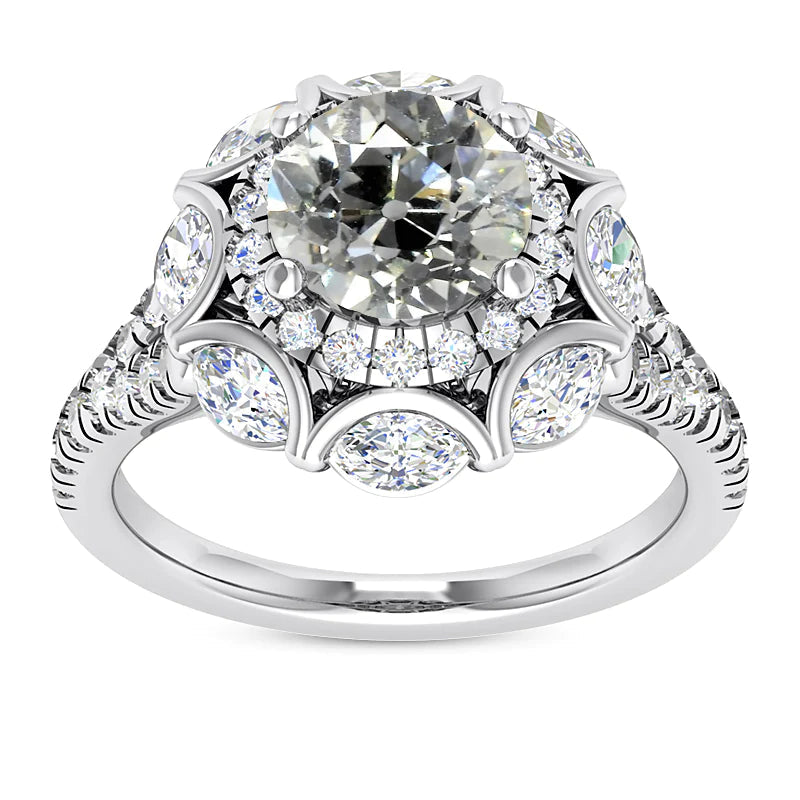 Double Halo Round Old Cut Real Diamond Ring With Accents 8.25 Carats