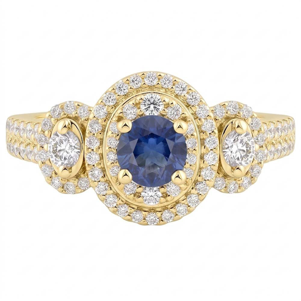 Double Halo Round Sapphire Ring Pave Set Natural Earth Mined Diamonds 4.50 Carats