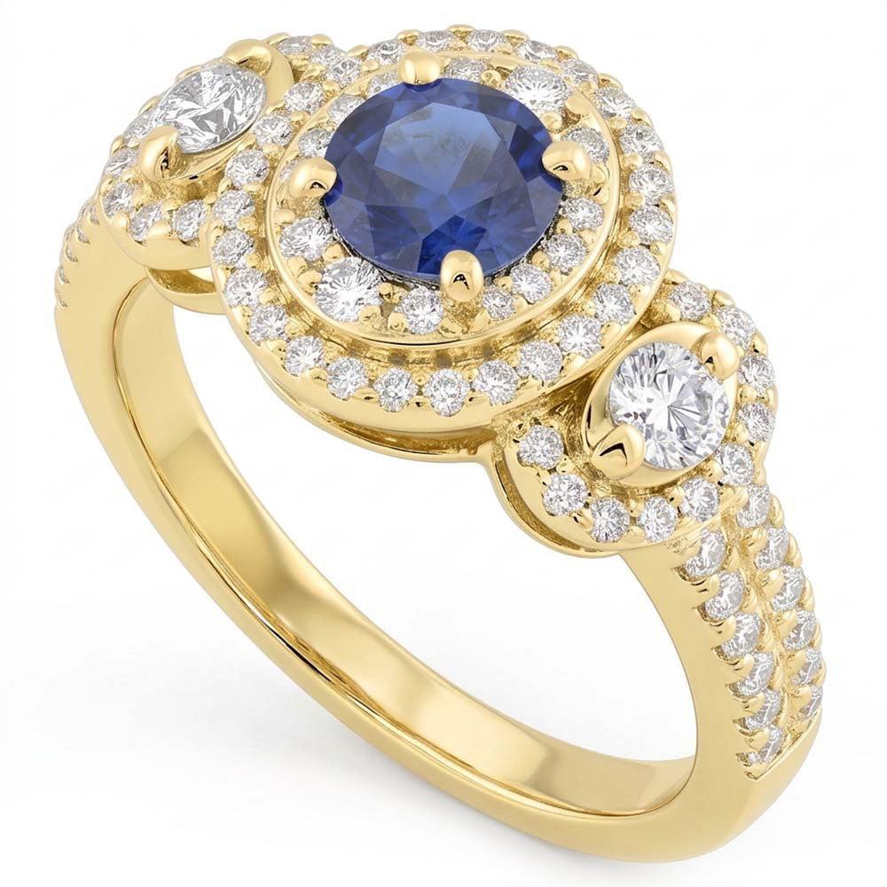 Double Halo Round Sapphire Ring Pave Set Natural Earth Mined Diamonds 4.50 Carats